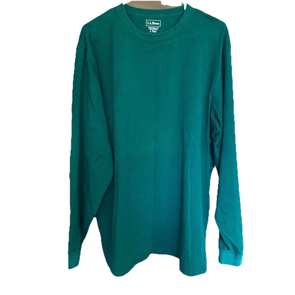 LL Bean Men L Tall Unshrinkable Tee Green Traditional 100% Cotton Casual Crew